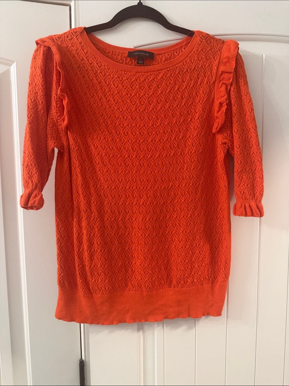 Ann Taylor Orange Ruffle-Trim Scoop Neck Sweater